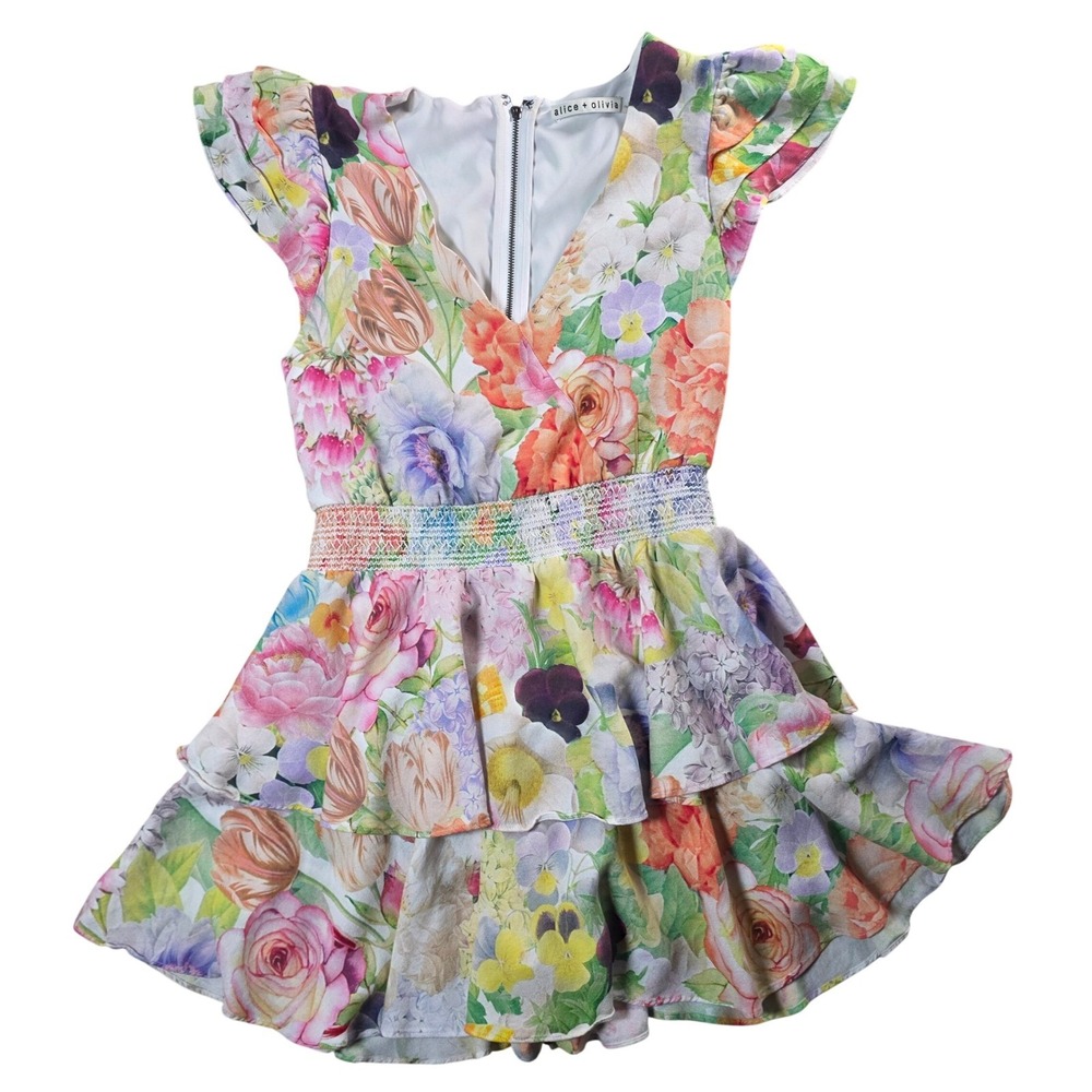 Alice + Olivia Mariska Dawn Floral Romper Dress Skort Smocked Ruffle 4 - Picture 2 of 13
